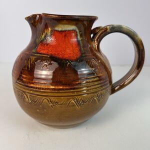 70’s Handmade Dryden Pottery Pitcher Brown Drip Red Accents – Signed